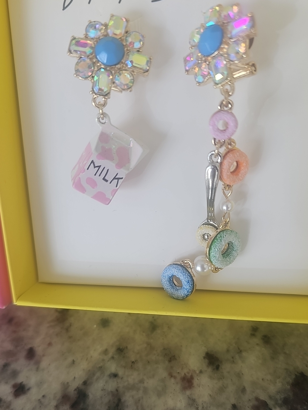 Betsey Johnson Pastel Cereal & Milk Charm Floral Drop Earrings in Blue & Pink